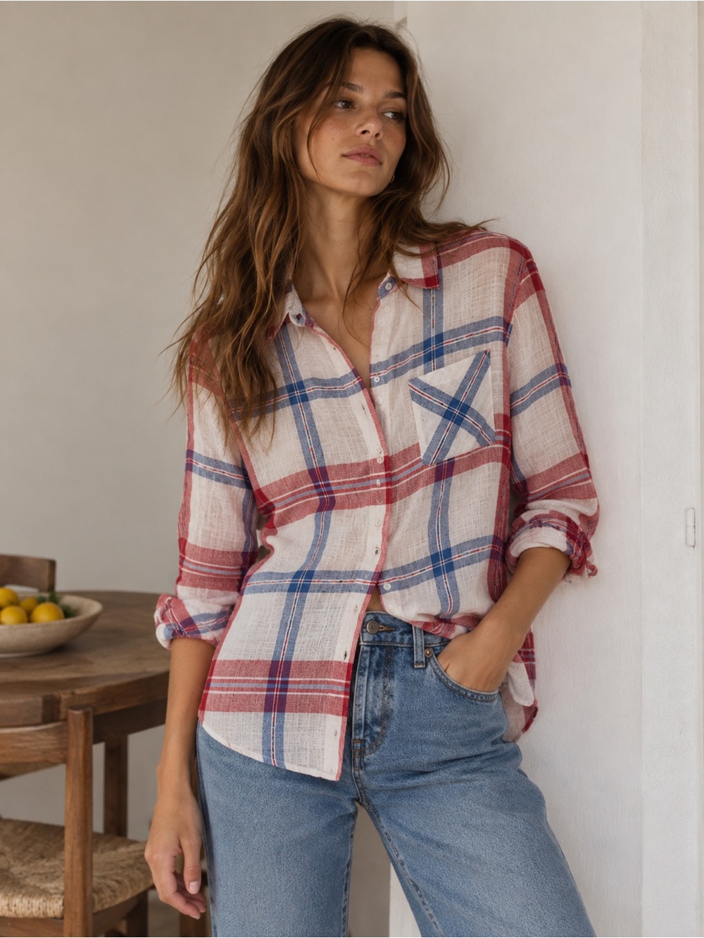 Rails Charli Plaid Linen Blend Button Down Shirt Red White Blue Small